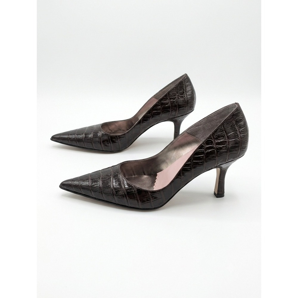 Y2K BP. Melrose Brown Croc Embossed Leather Pointed Toe Kitten Heels - Picture 4 of 9